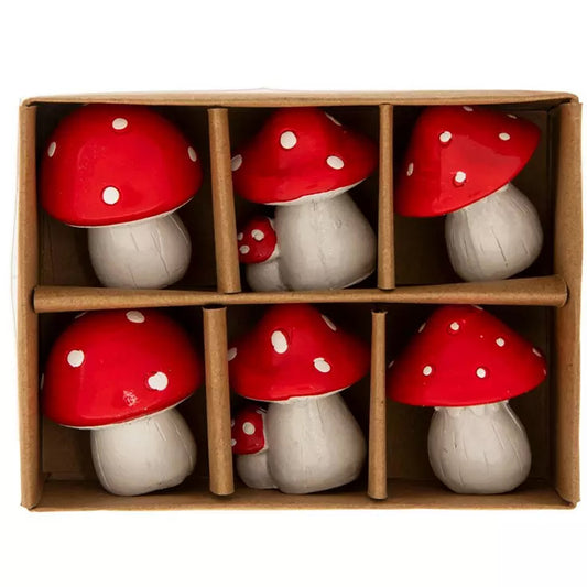 HL  Craft Decor - Mini Resin Fairy Garden Red White Mushrooms 6pc Set