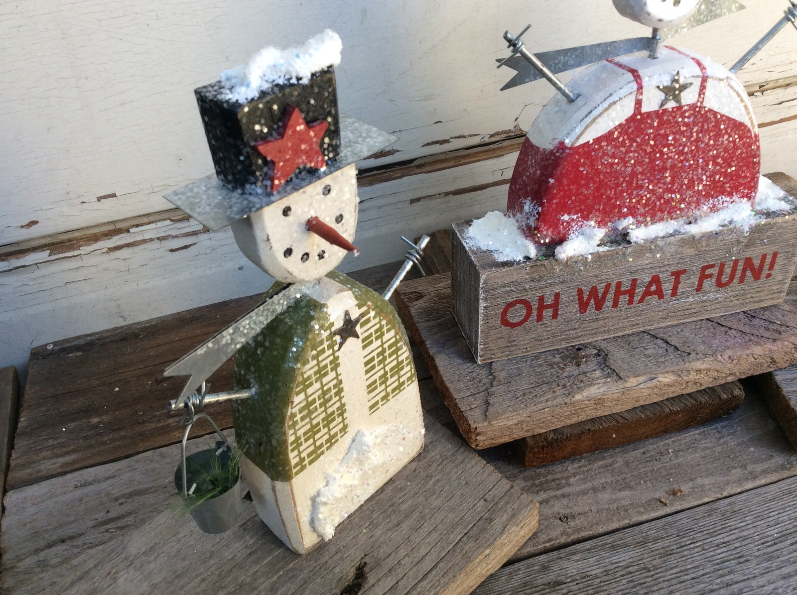 AGD Christmas Decor - Oh What Fun! Prim Wood Snowmen Display 3PC Set