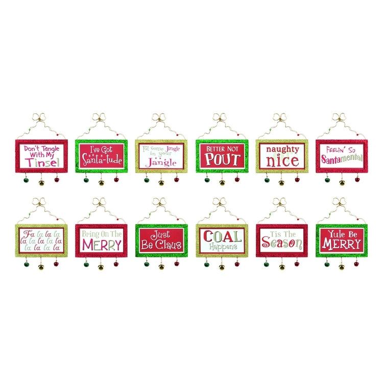 OWI Christmas Decor -Fun Quirky Holiday Saying Glitter Ornaments 12pc. #45309