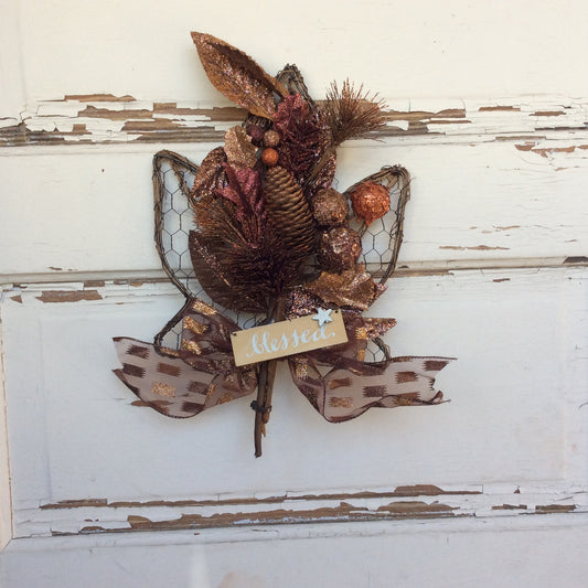 AG Designs Fall Harvest Decor – Blessed Bronze Glitter Grapevine Maple Leaf