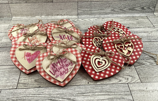 AGD Valentines Decor - Pink Red White Plaid Layer Wood Ornaments 13pc