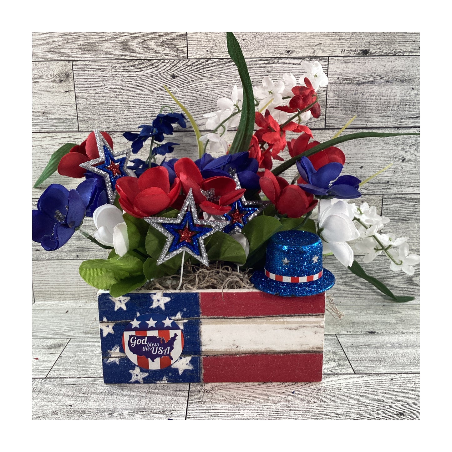 AGD Patriotic Decor - American Flag Floral Wood Crate Floral Display