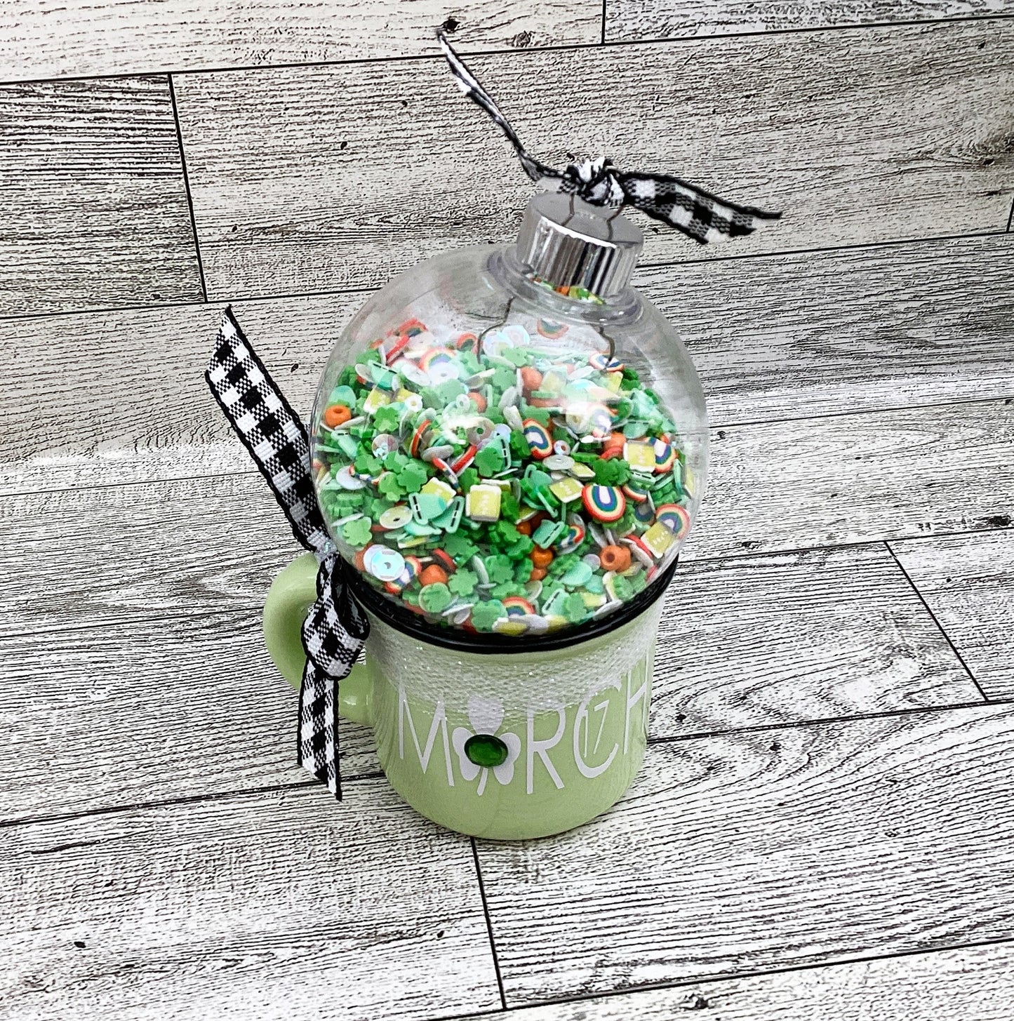 St Patrick Decor, March 17th, Mini Mug Shaker Cup, Irish Clay Sequins, Tier Tray