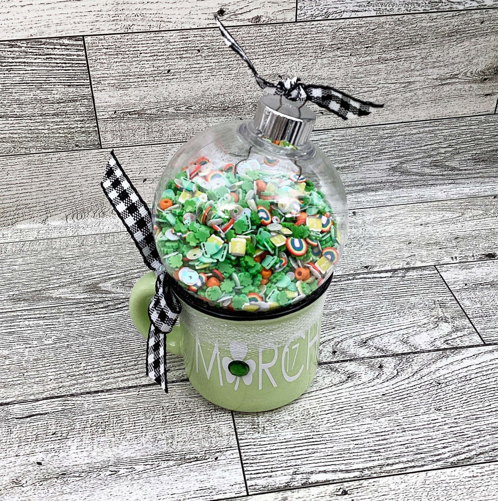 St Patrick Decor, March 17th, Mini Mug Shaker Cup, Irish Clay Sequins, Tier Tray