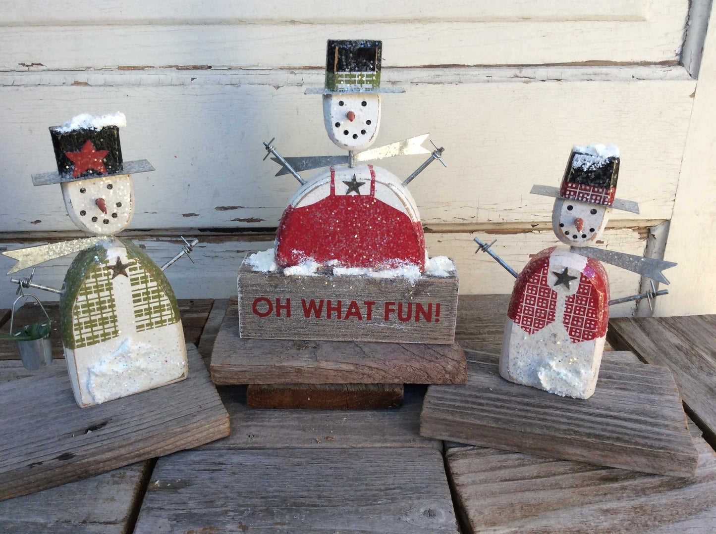 AGD Christmas Decor - Oh What Fun! Prim Wood Snowmen Display 3PC Set