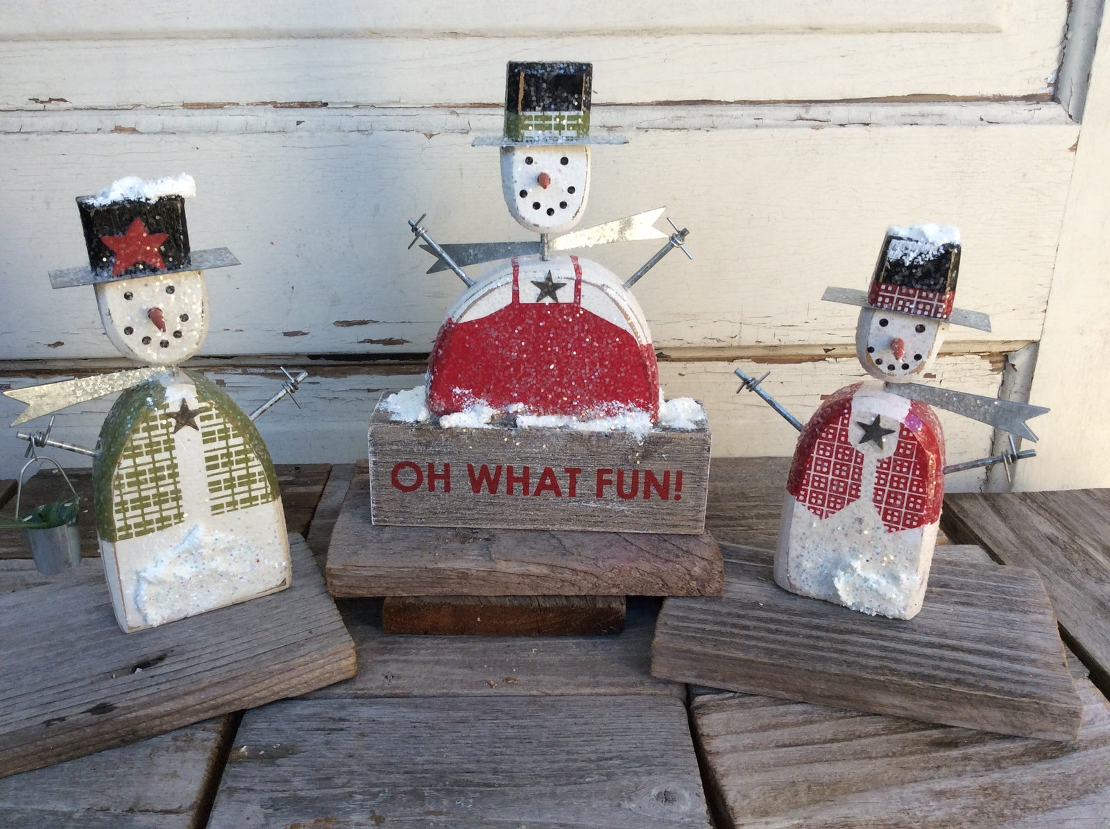 AGD Christmas Decor - Oh What Fun! Prim Wood Snowmen Display 3PC Set