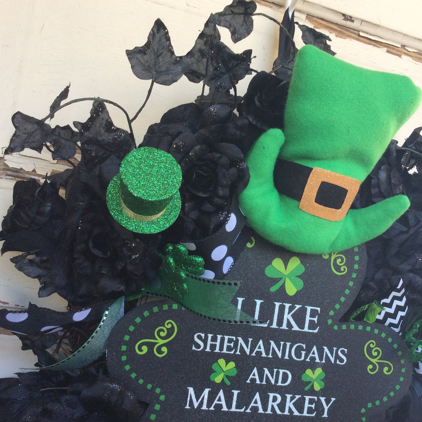 AGD St Patricks Decor - Black Rose Leprechaun Shenanigan Wreath