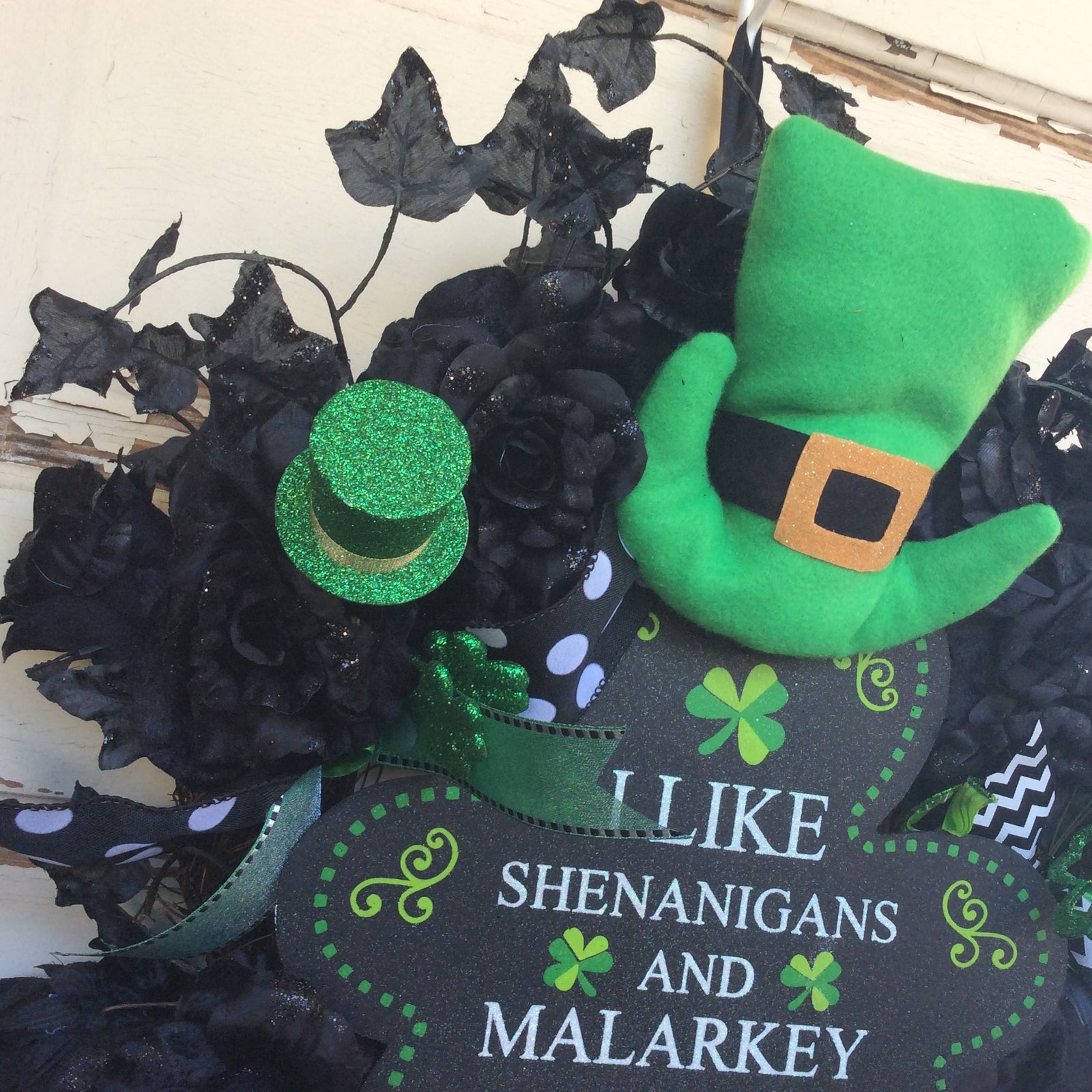 AGD St Patricks Decor - Black Rose Leprechaun Shenanigan Wreath