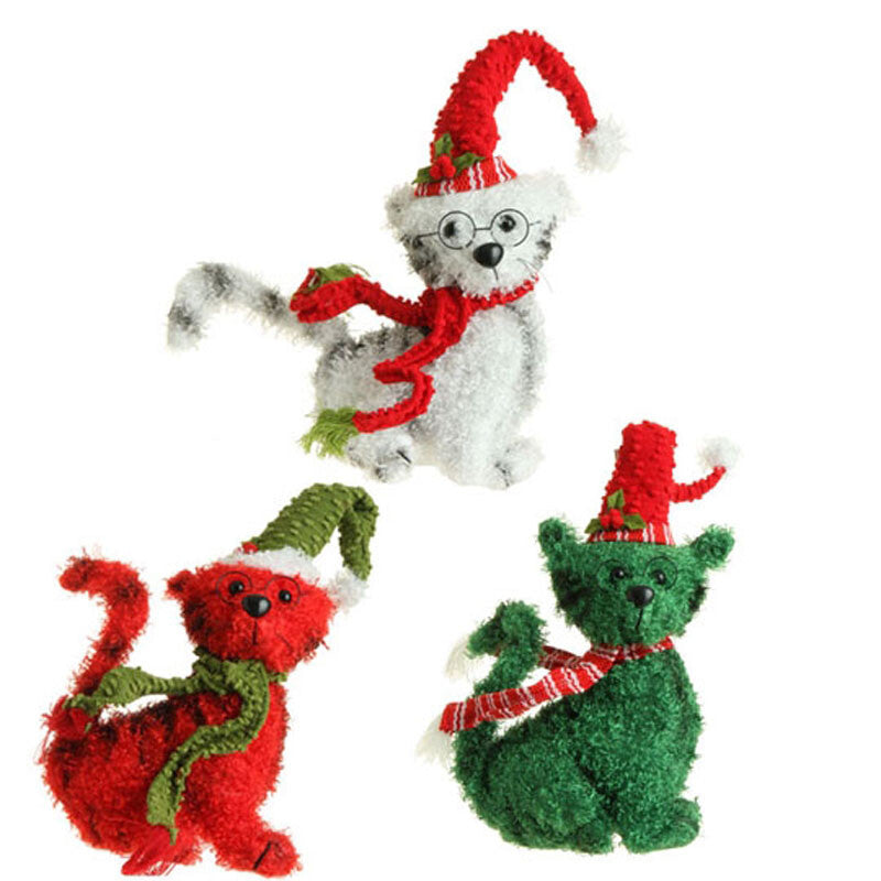 AGD Christmas Decor - Red Green White Fluffy Cat Sitters 3pc Set