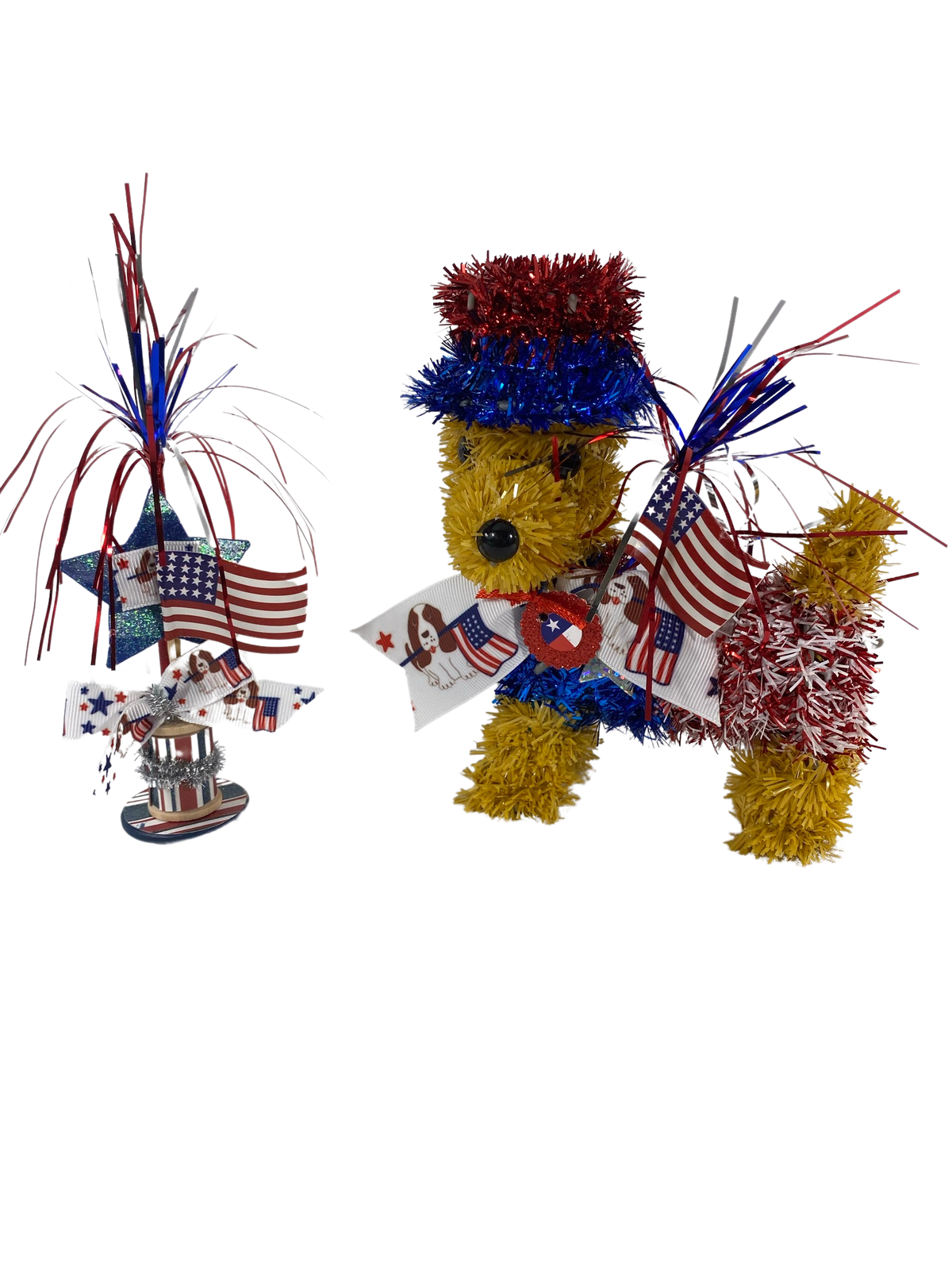 AGD Patriotic Decor -  July 4th Tinsel Dog and Spool Blue Star Display