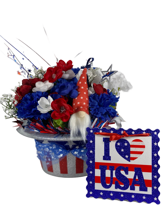 AGD Patriotic Decor  - Love the USA July 4th Gnome Floral Hat Centerpiece