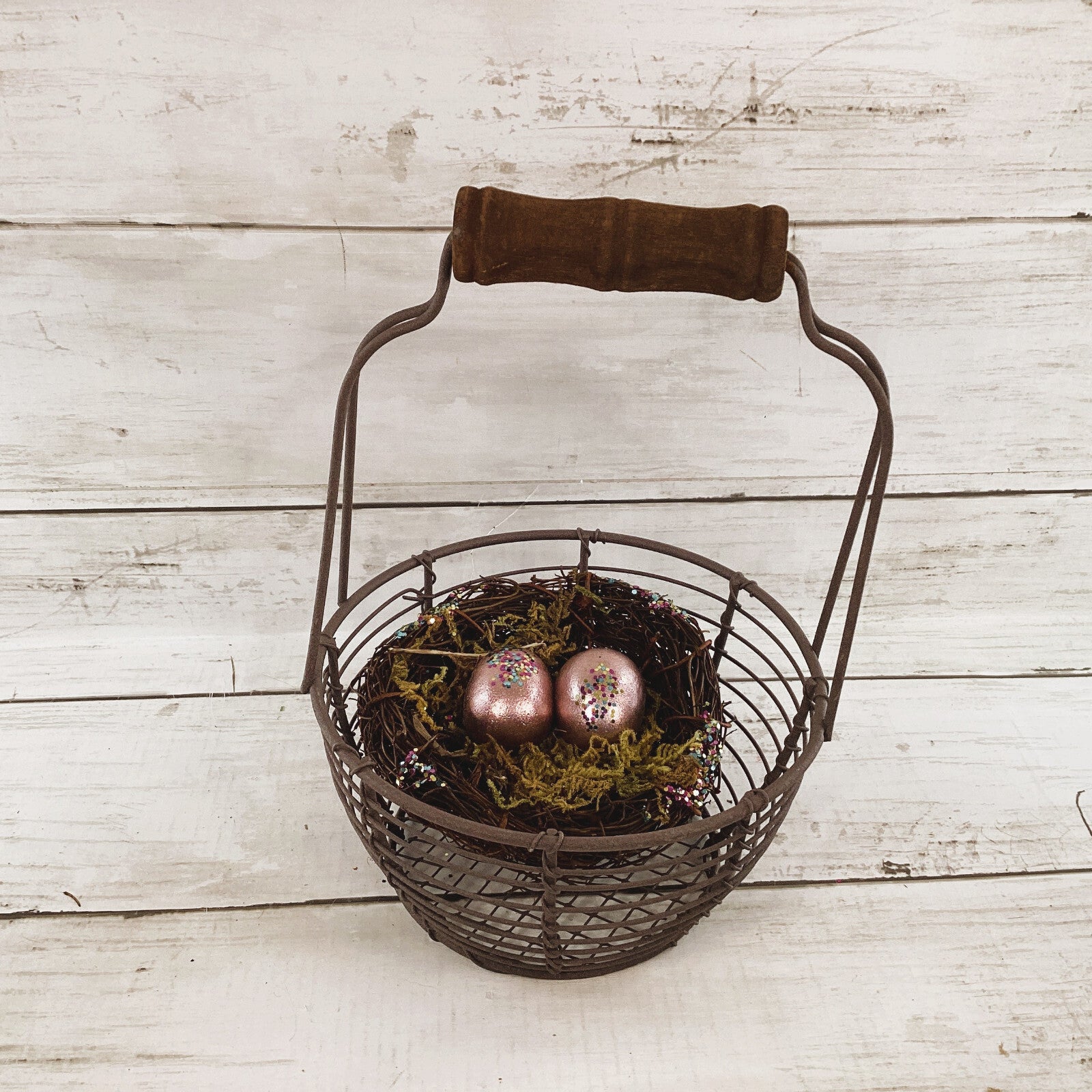 CWI Easter Decor - Prim Egg Basket Wood Eggs Birds Nest