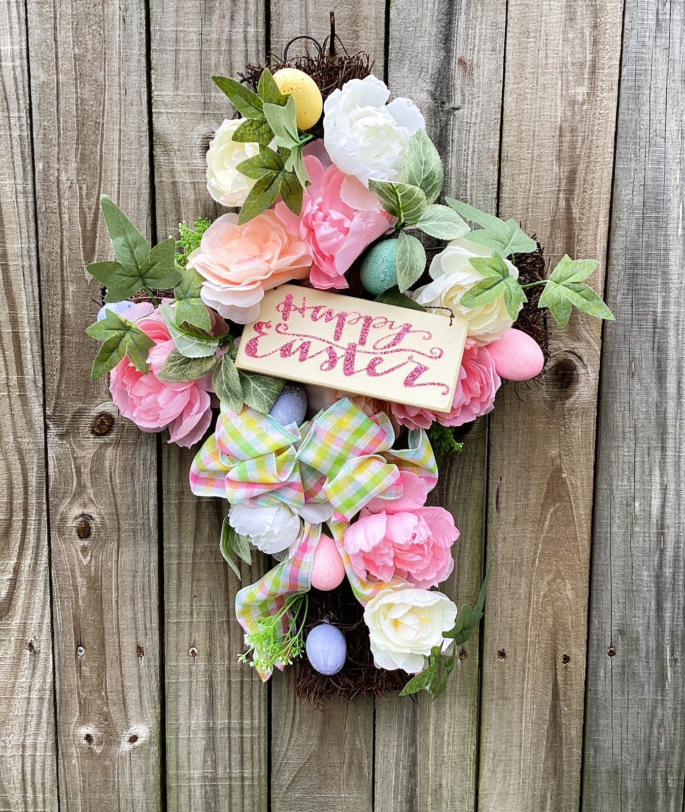 AGD Easter Decor - Happy Easter Grapevine Floral Cross Wreath