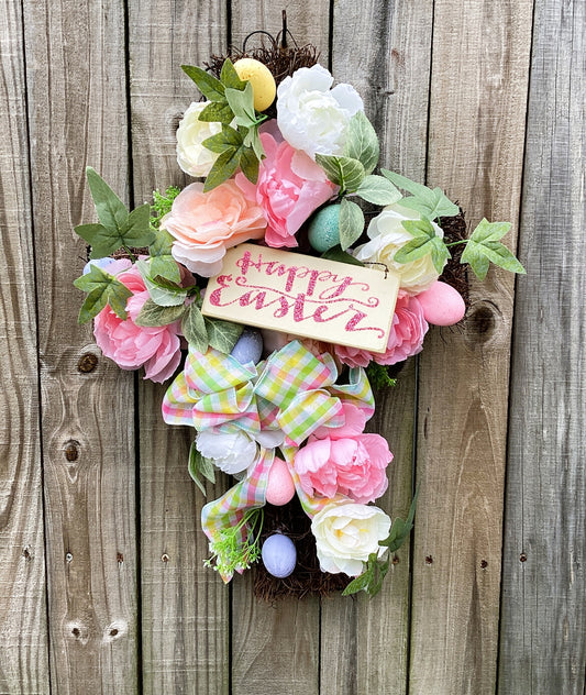 AGD Easter Decor - Happy Easter Grapevine Floral Cross Wreath