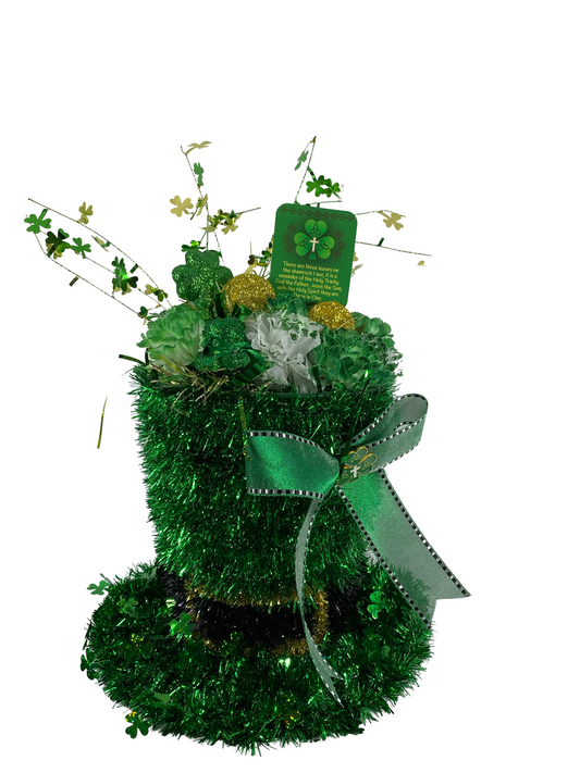 AGD St Patrick's Decor - Large Green Lighted Tinsel Tophat Centerpiece