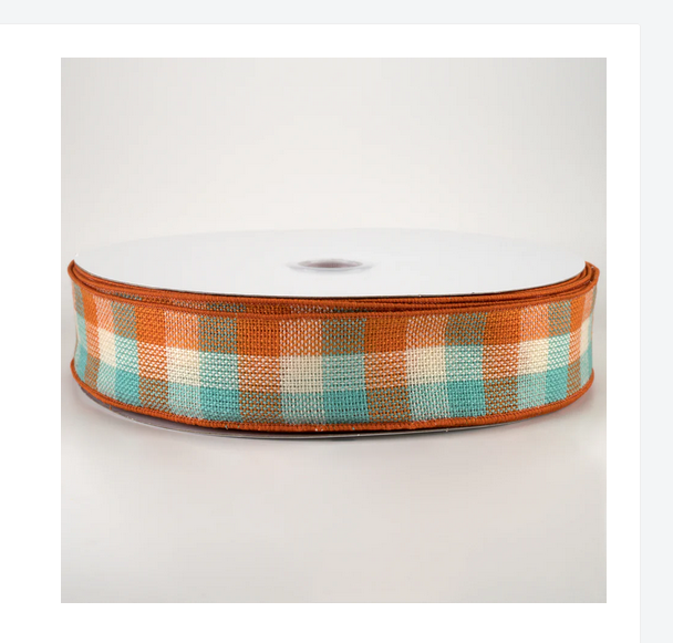 Fall Craft Ribbon - Plaid Checked Teal, Orange, Cream 1.5-inch 30yd