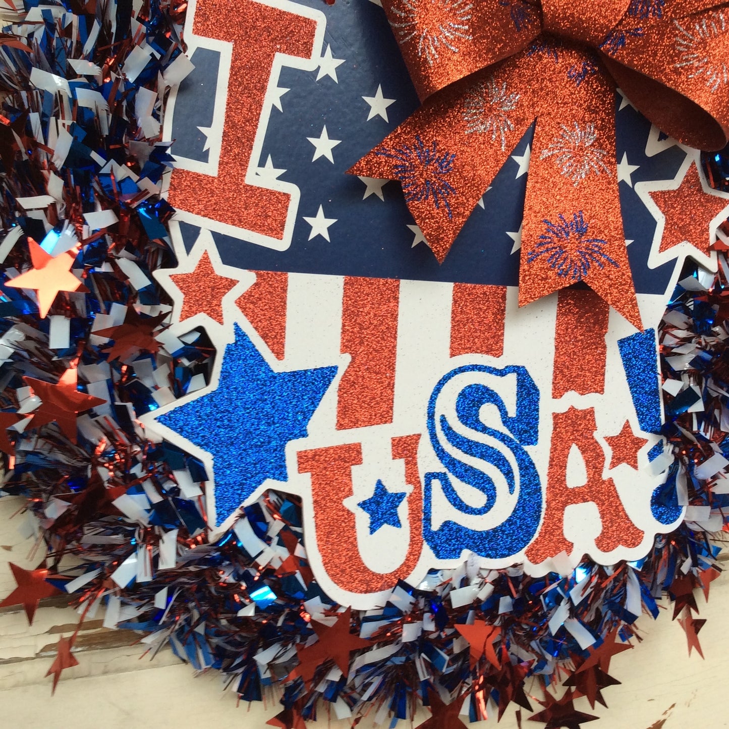 AGD Patriotic Decor - I HEART (Love) USA Tinsel Wreath