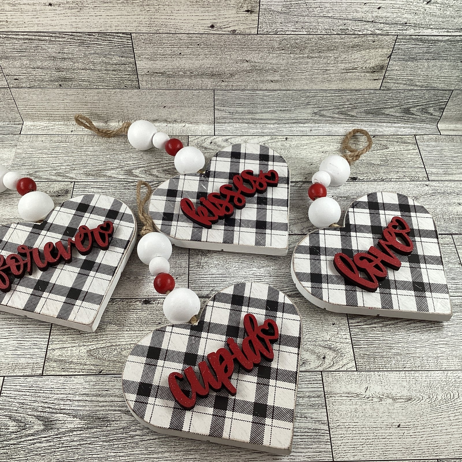 AGD Valentines Decor - Buffalo Plaid Layer Wood Ornaments 4pc Set