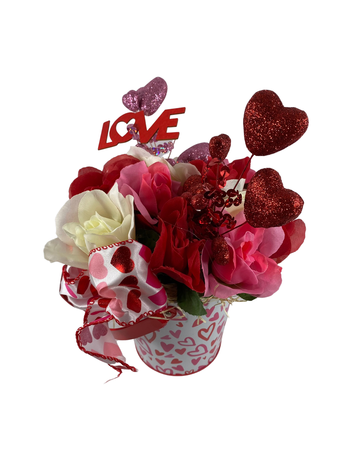 AGD Valentines Decor  – Pink Red White Roses Floral  Small Centerpiece