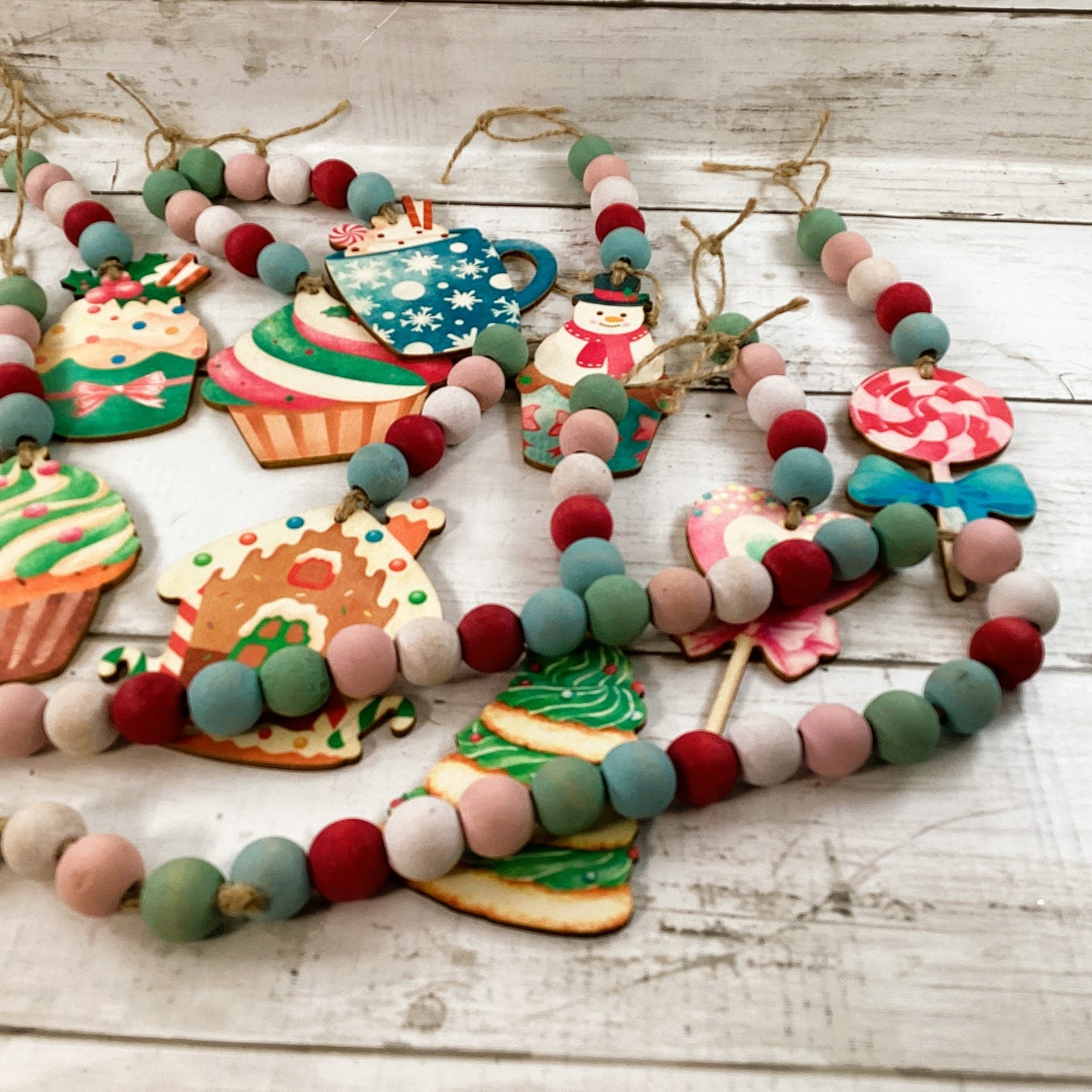 AGD Christmas Decor - Pastel Pink Blue Teal Beads Ornament & Garland 13pc