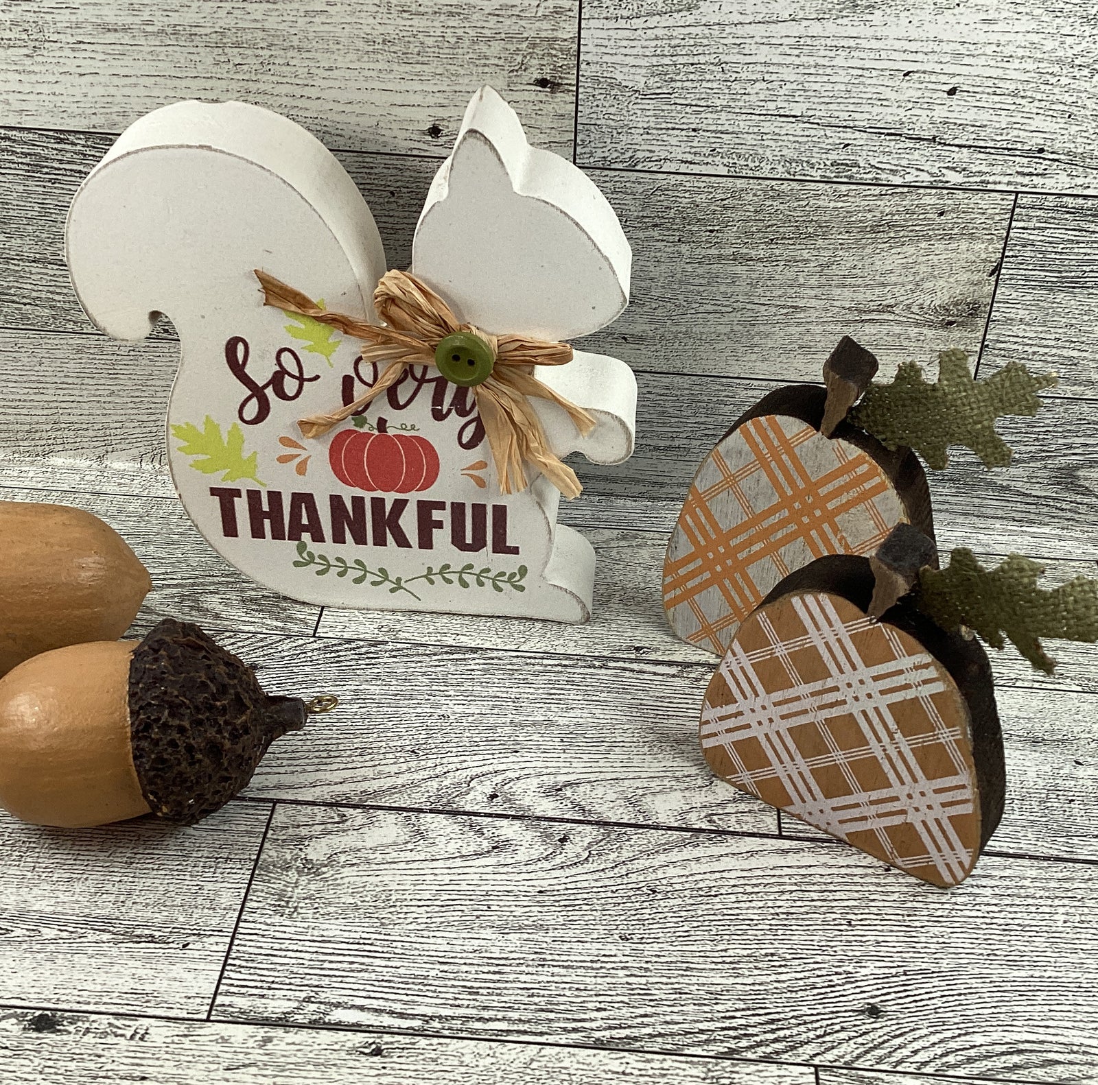 AGD Fall Decor - Chunky Wood Thankful Squirrel Pumpkins Resin Acorns 5pc