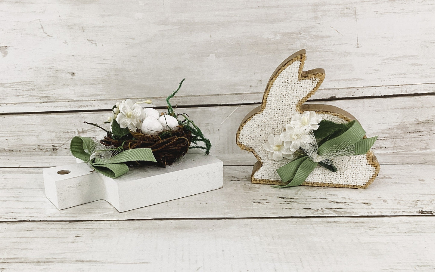 AGD Easter Decor -White Bunny Rabbit & Bird Eggs Nest 2pc Set