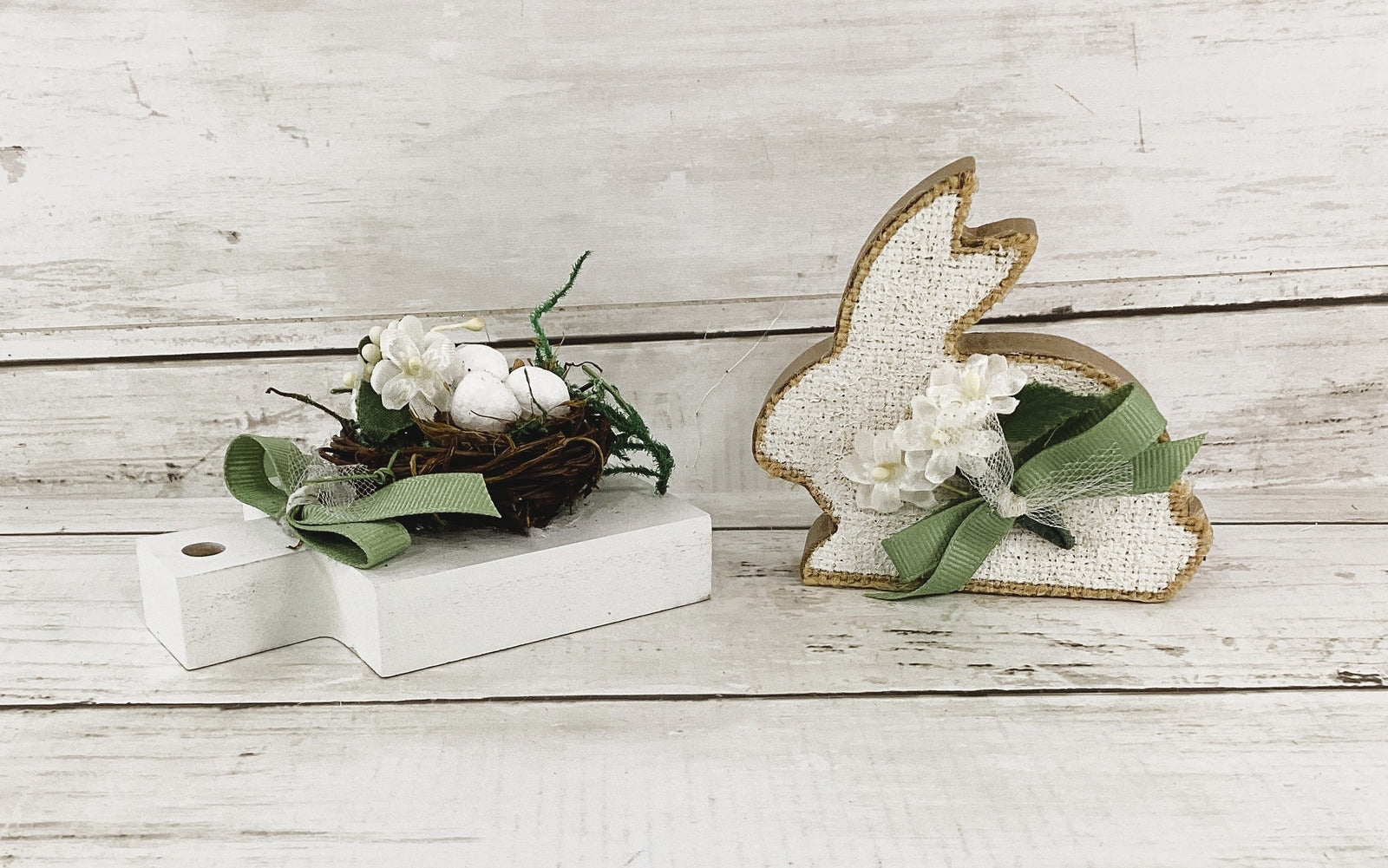 AGD Easter Decor -White Bunny Rabbit & Bird Eggs Nest 2pc Set