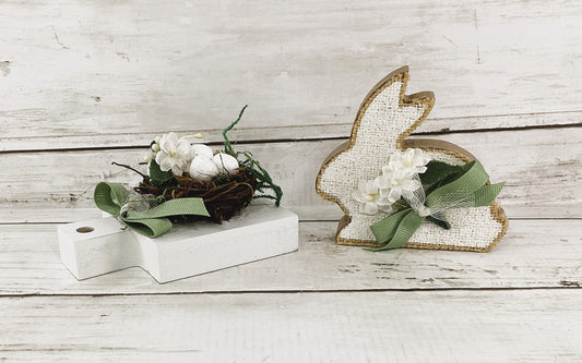 AGD Easter Decor -White Bunny Rabbit & Bird Eggs Nest 2pc Set