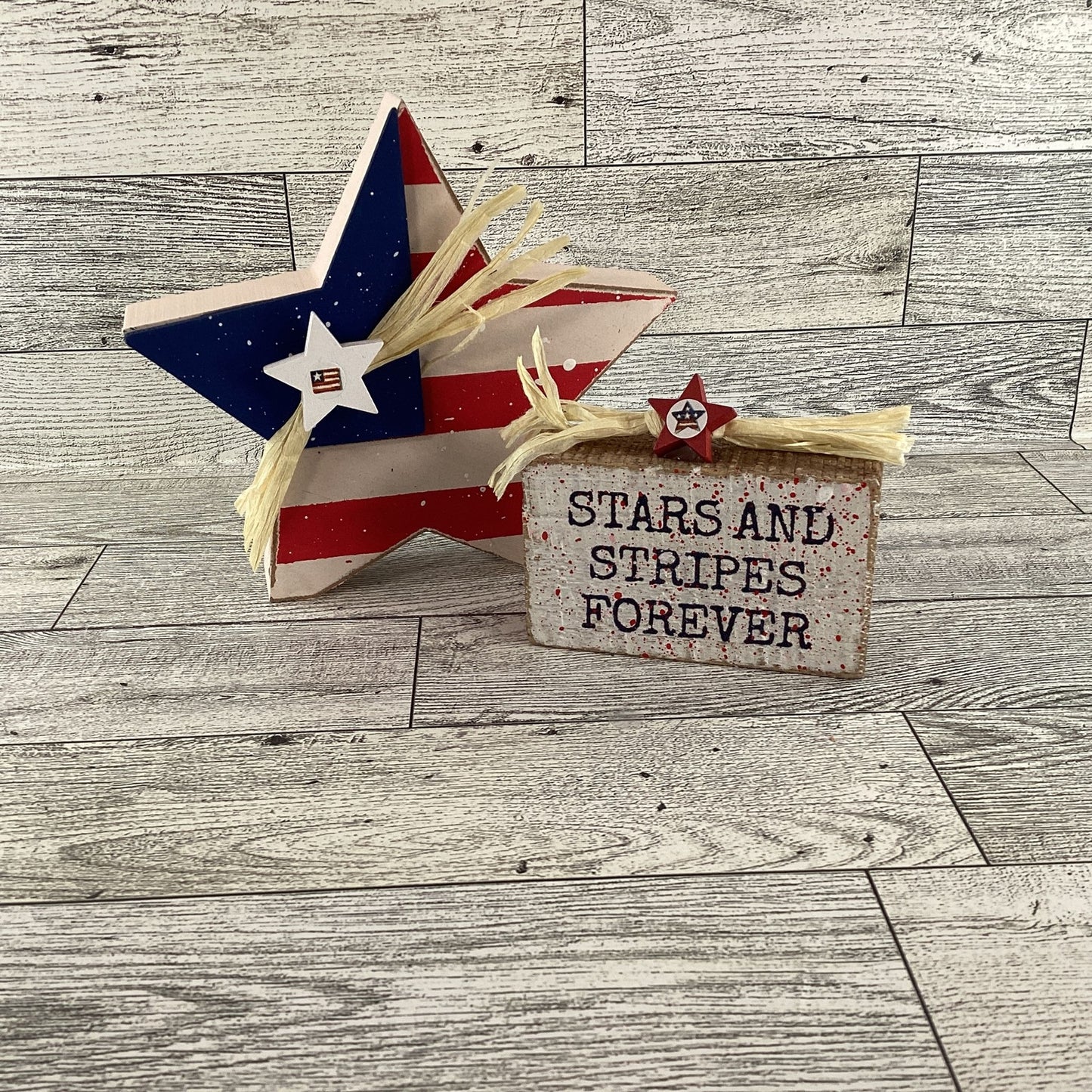AGD Patriotic Decor - Stars Stripes Block Sign Chunky Wood Star Sitters 2pc Set
