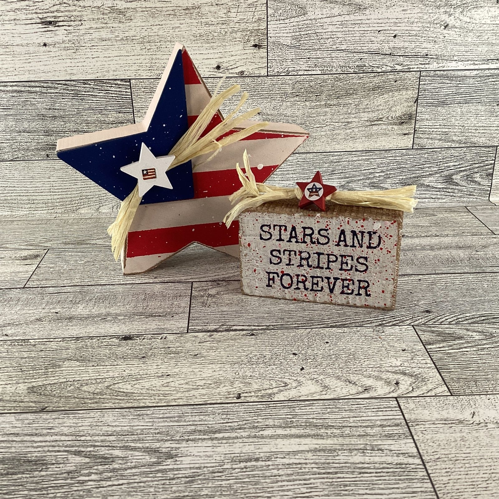 AGD Patriotic Decor - Stars Stripes Block Sign Chunky Wood Star Sitters 2pc Set