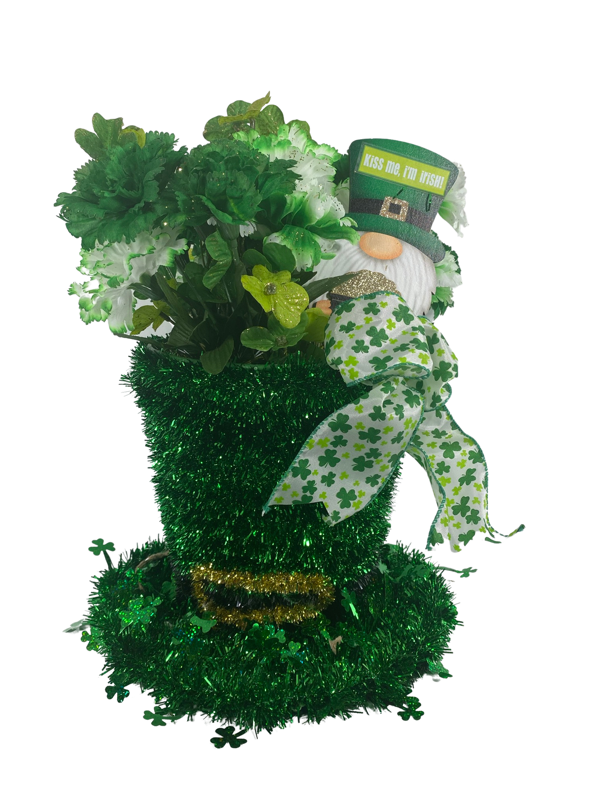 AGD St Patrick's Decor - Large Green Lighted Tinsel Tophat Centerpiece