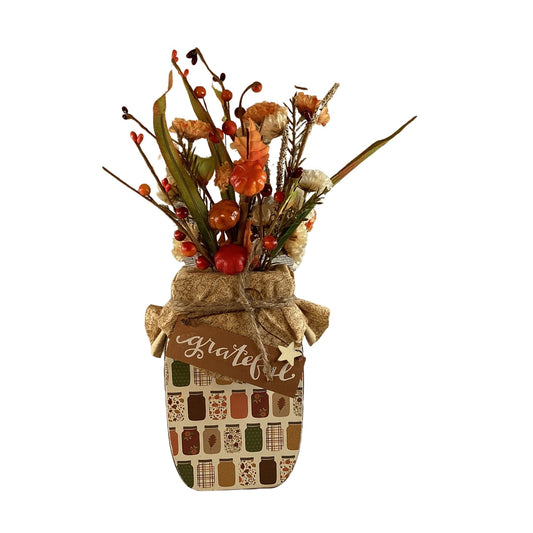 AGD Fall Decor - Autumn Grateful Thankful Floral Wood Mason Jar Display