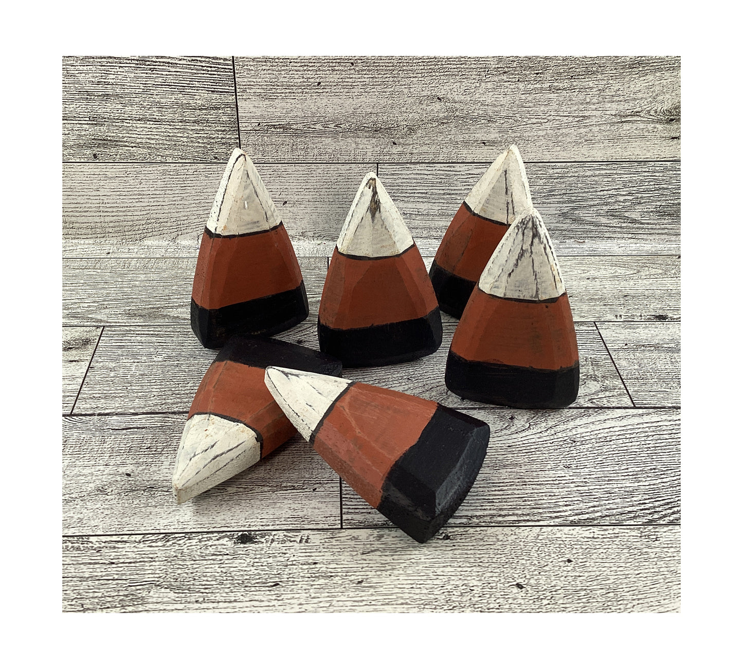 AGD Halloween Decor - Prim Chunky White Rust Black Wood Candy Corn 6pc