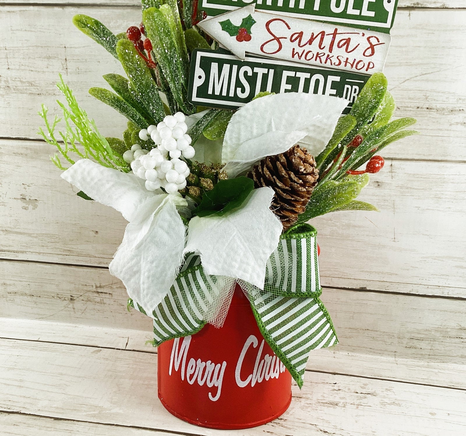 AGD Christmas Decor - Candy Cane Mistletoe Direction Metal Floral Milk Can