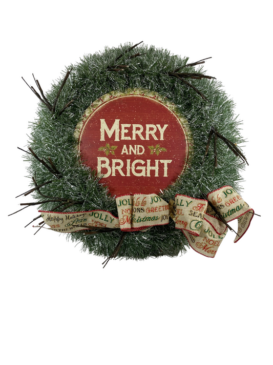 AGD Christmas Decor - Faux Pine Merry and Bright Lighted Tinsel Wreath