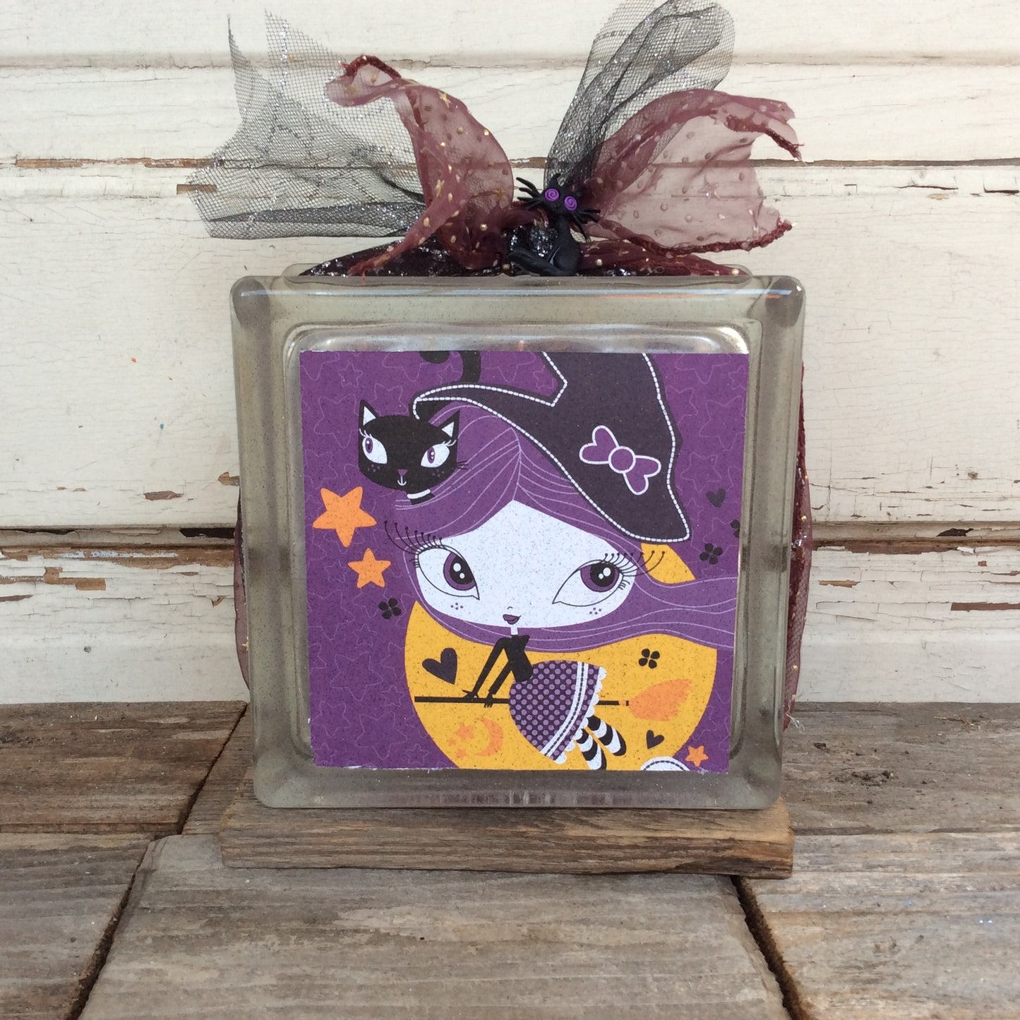 Halloween Decor - Witch Girl Black Cat Lighted Glass Block