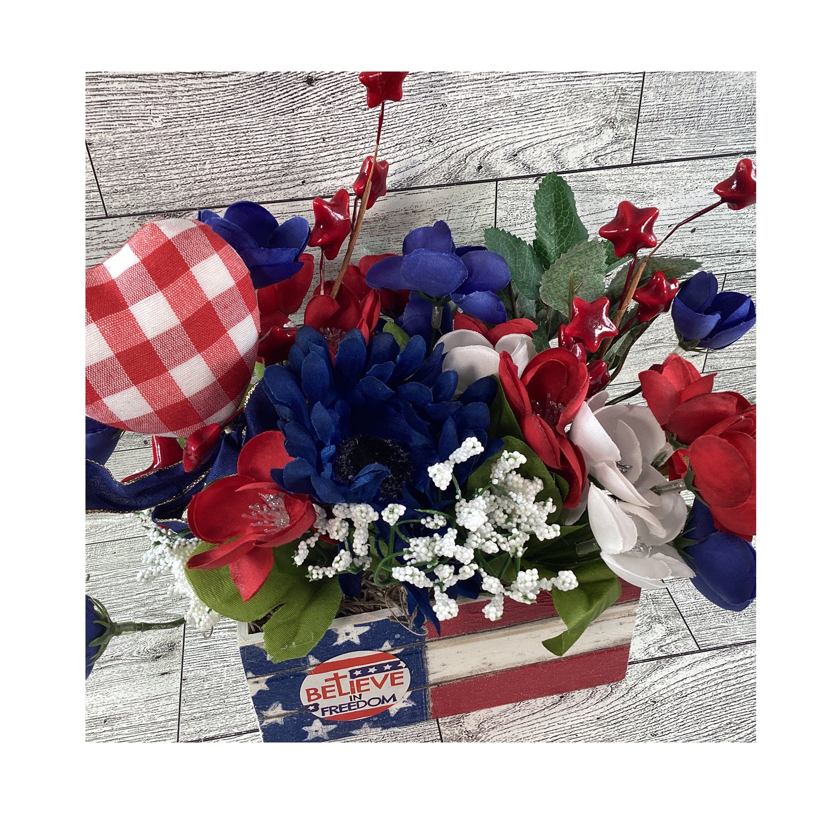 AGD Patriotic Decor - American Flag Floral Wood Crate Floral Display
