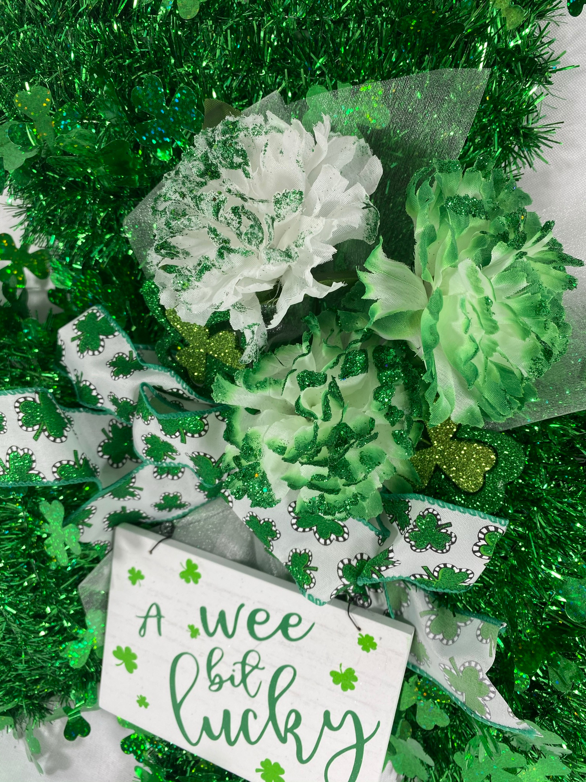 AGD St Patrick's Decor - Green Tinsel Shamrock Wee Bit Lucky Wreath