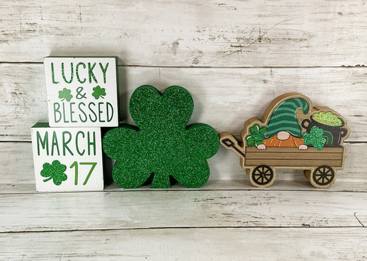 HL St Patrick's Decor - Wagon Shamrock March 17th Tier Tray 4pc Set