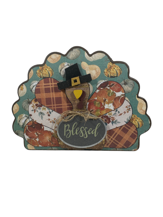 AGD Fall Decor - Reversible Blessed Chunky Wood Turkey Sign