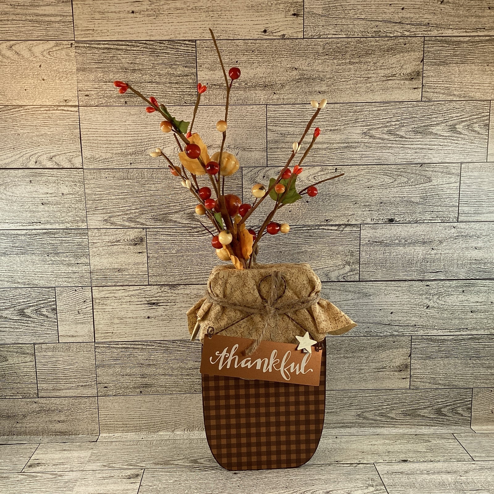AGD Fall Decor - Autumn Grateful Thankful Floral Wood Mason Jar Display