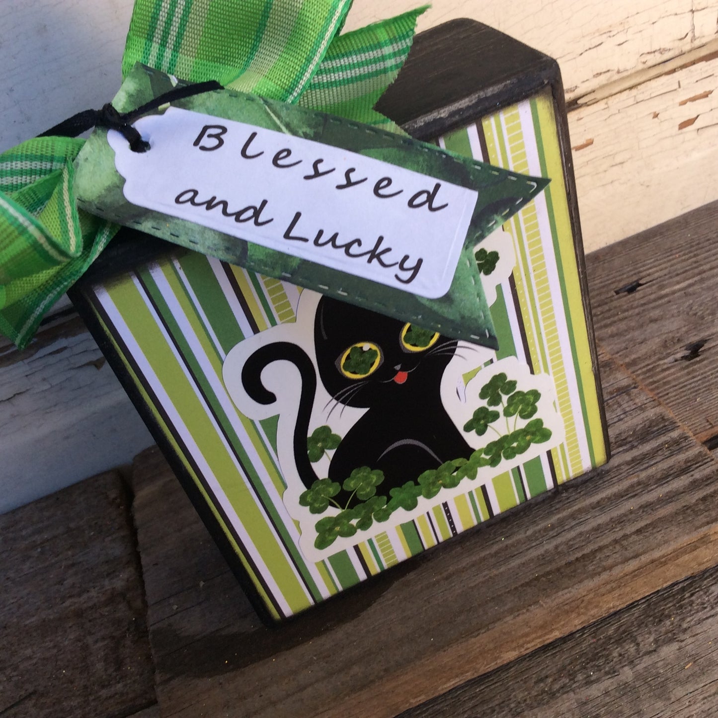 AGD St Patrick's Decor - Blessed and Lucky Kitty Kitten Cat Box Sign