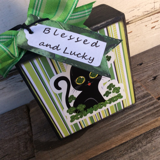 AGD St Patrick's Decor - Blessed and Lucky Kitty Kitten Cat Box Sign