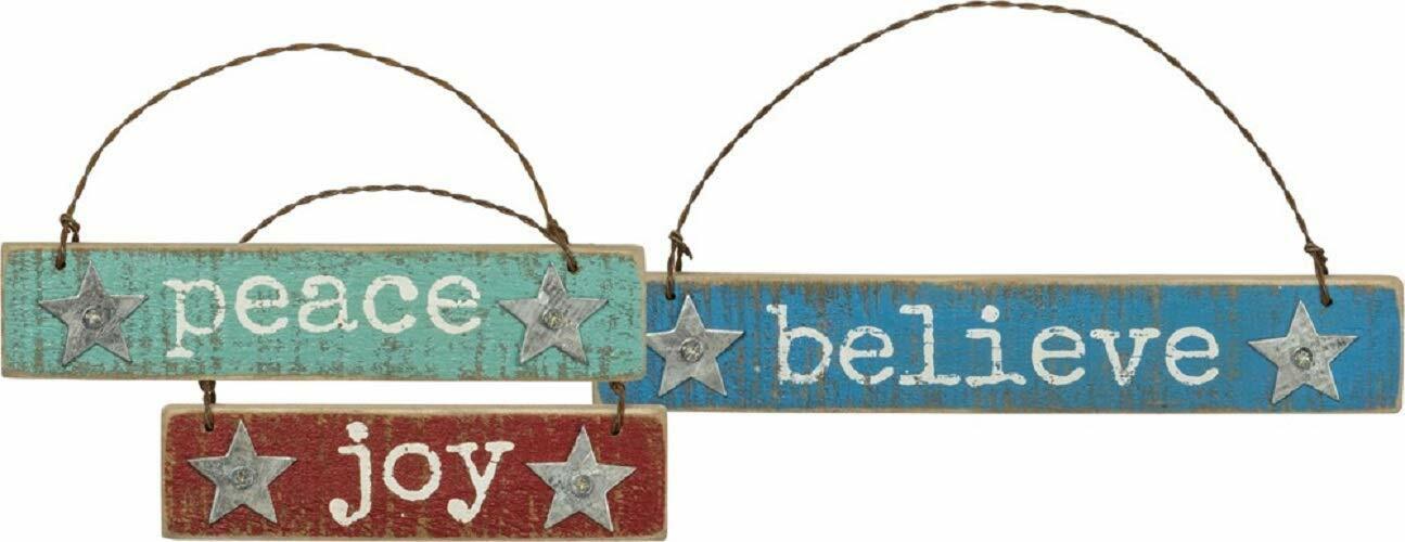 PBK Christmas Decor - Peace Joy Believe Prim Ornaments 3pc Set