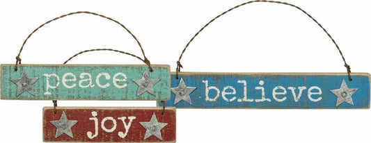 PBK Christmas Decor - Peace Joy Believe Prim Ornaments 3pc Set