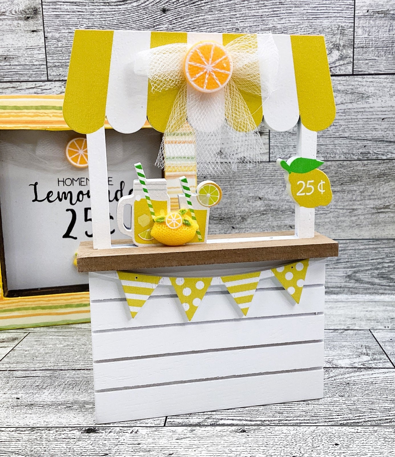Summer Decor Lemon Lemonade Booth, Stand. Pitcher, Glass Tier Tray 5pc S