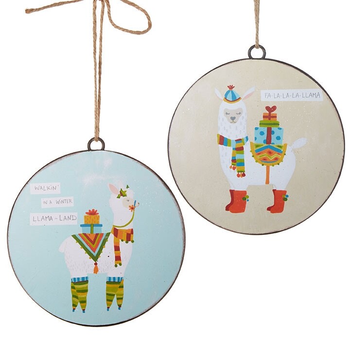 RAZ Imports Christmas Decor Metal Disc Llama Ornaments 2 Piece Set