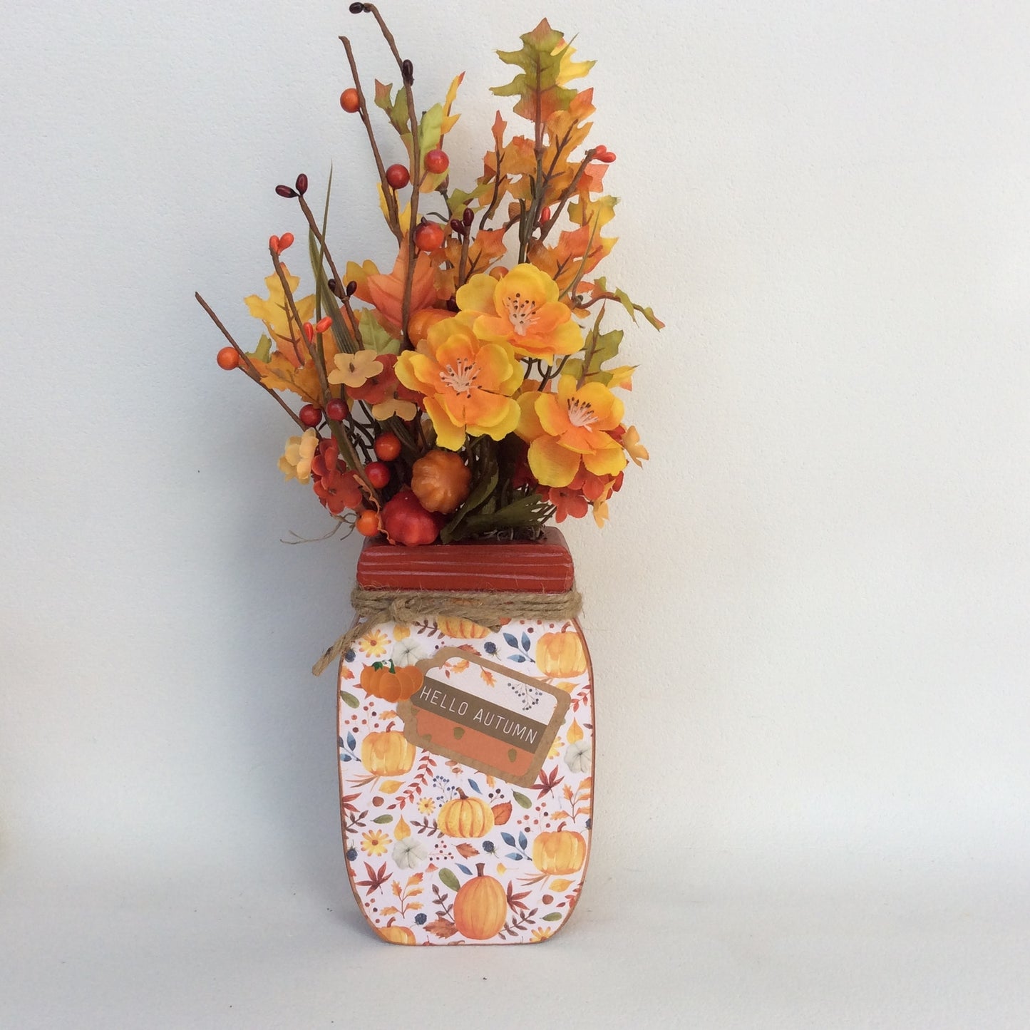 AGD Fall Decor - Hello Autumn Floral Wood Mason Jar Display