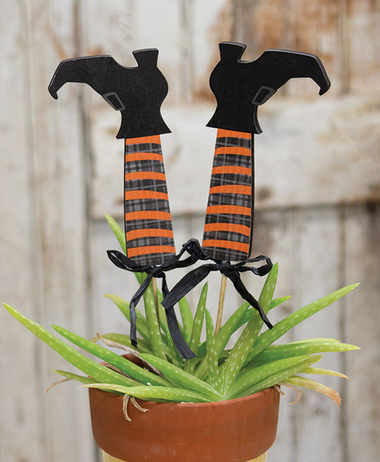 CWI Halloween Decor - Witch Feet Boot Wood Plant Pokes Pick 2pc