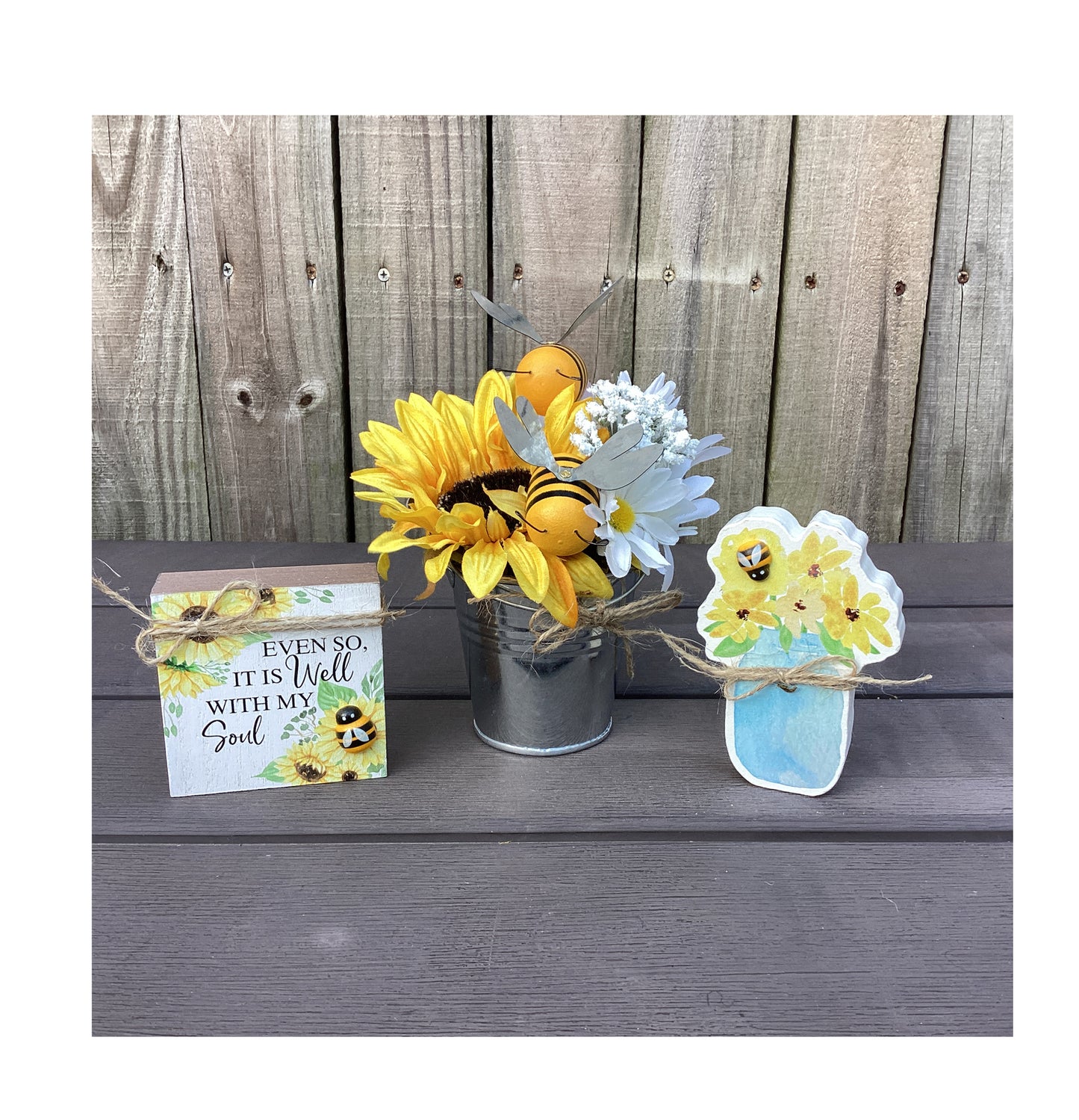 AGD Summer Decor - Sunflower Bee Galvanized Tin Display 3pc Set